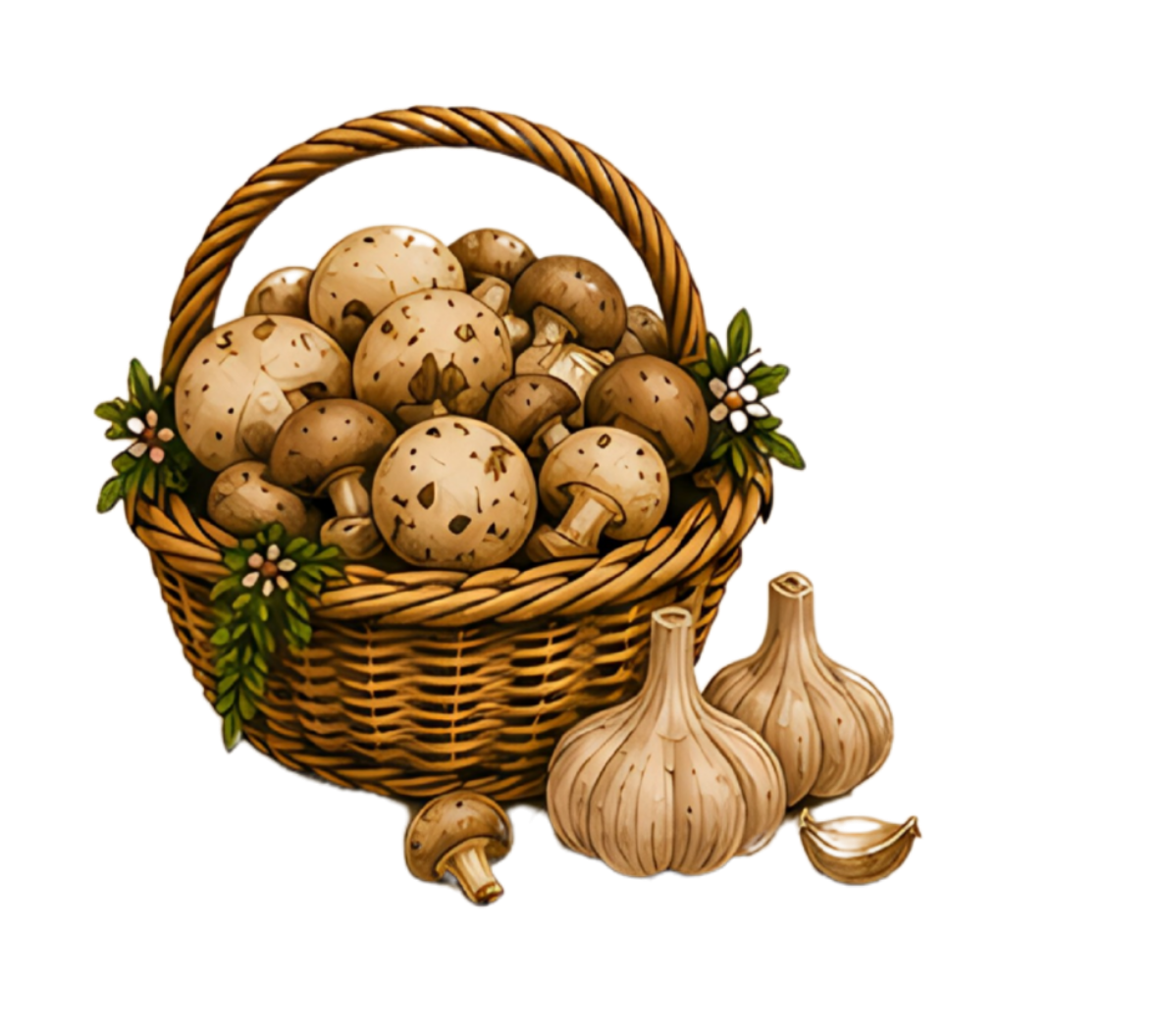 Mandje met verse champignons en knoflook