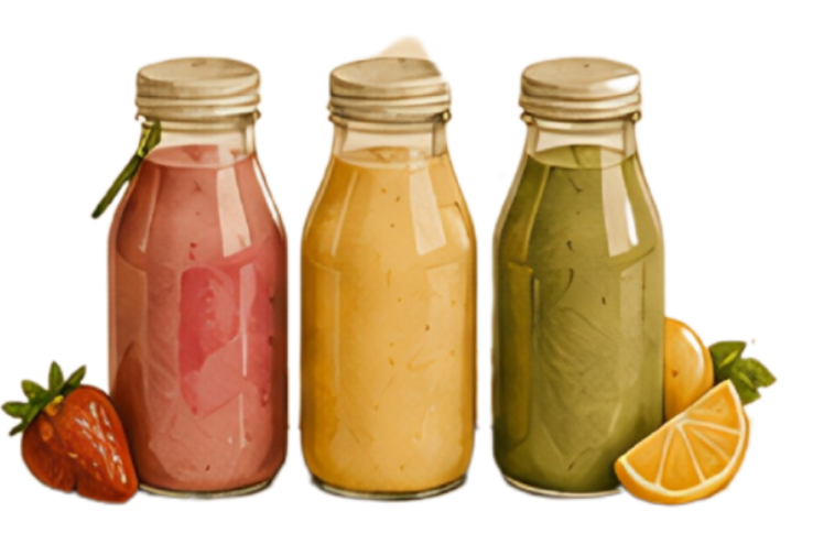 Drie flesjes met smoothies in roze, geel en groen